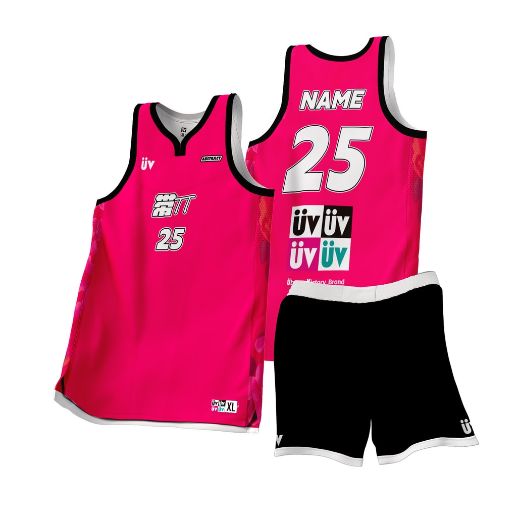 ABSTRACT 粉黑篮球球衣，上衣正背面与短裤立体展示