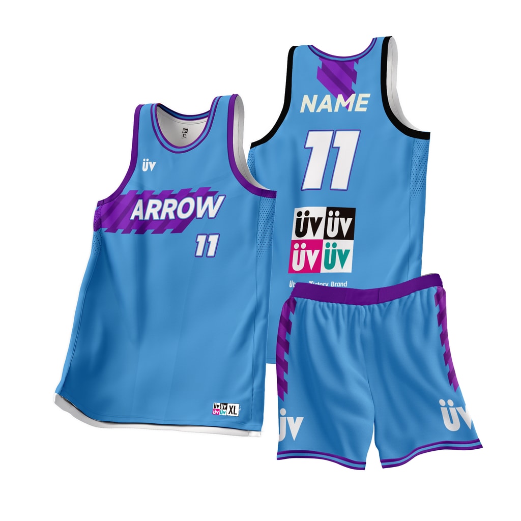ARROW 蓝紫篮球球衣，上衣正背面与短裤立体展示