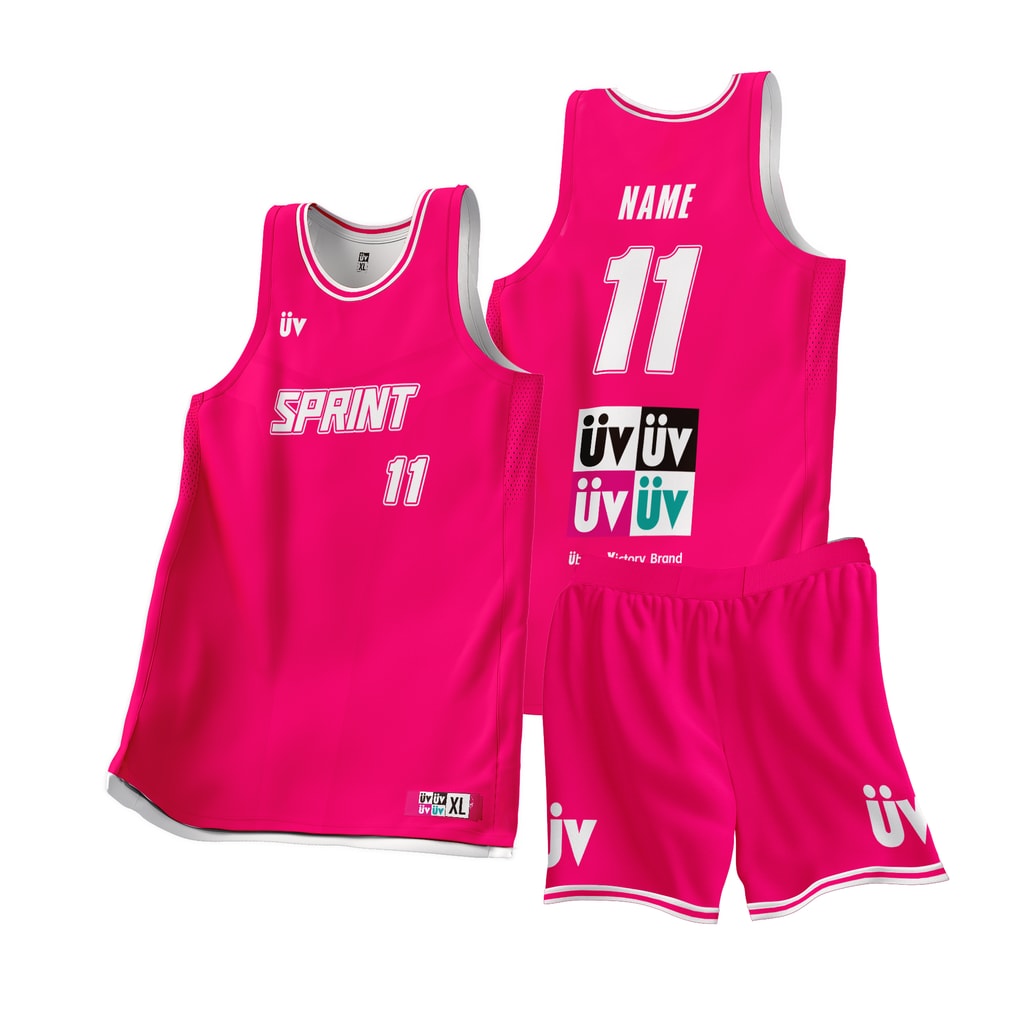 SPRINT 粉篮球球衣，上衣正背面与短裤立体展示