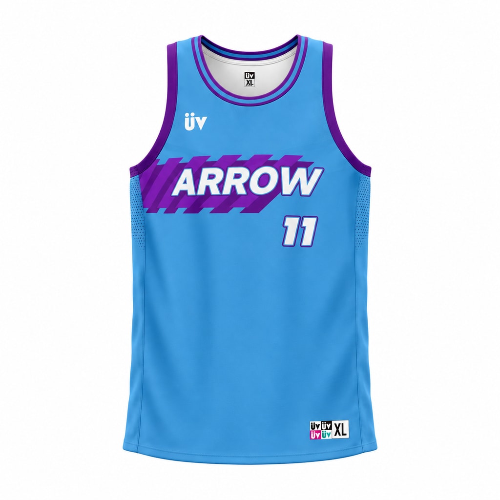 ARROW 蓝紫篮球球衣，正面立体展示