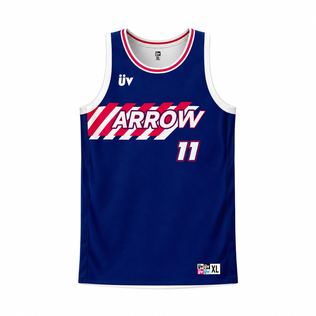 ARROW 深蓝红白篮球球衣，正面立体展示