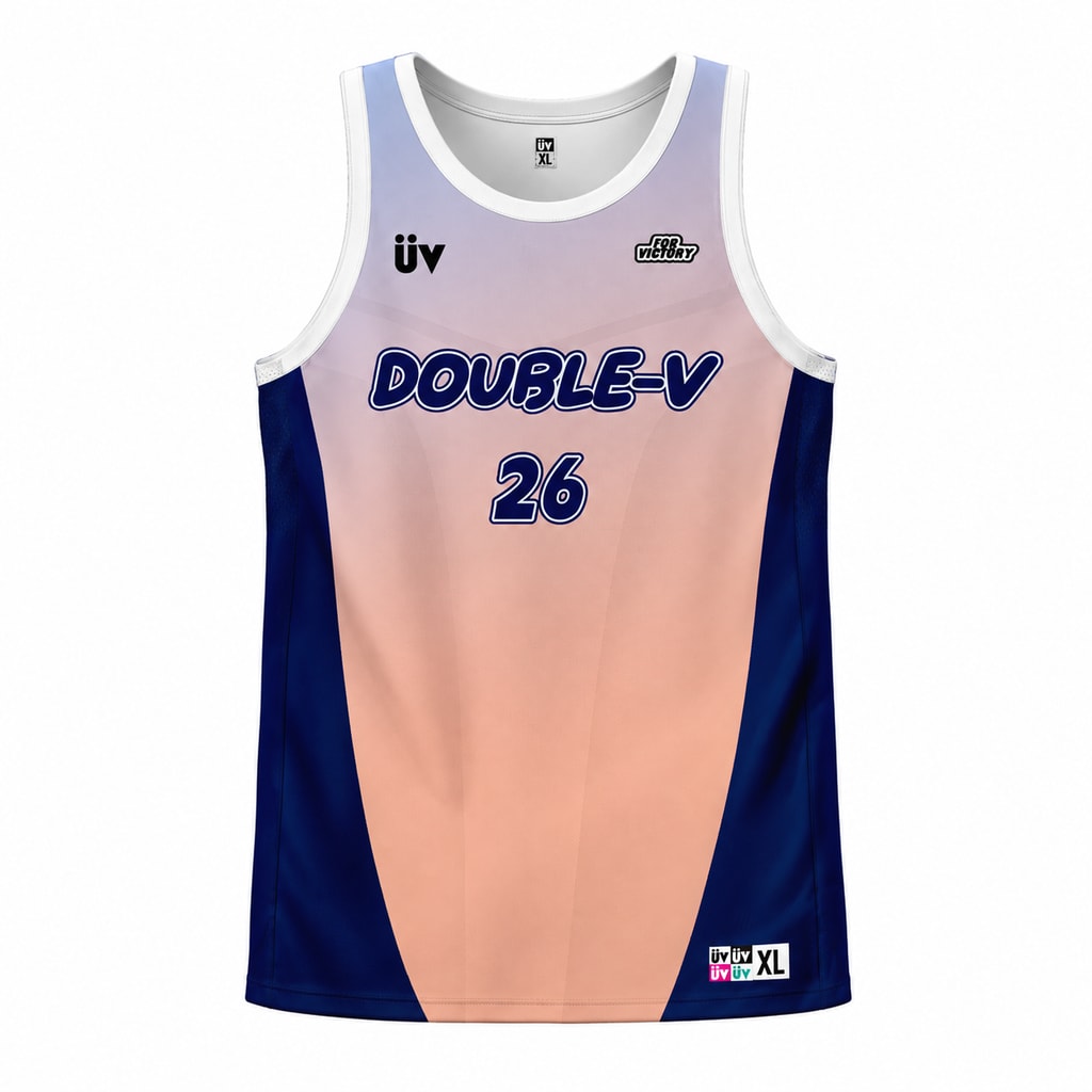 DOUBLE-V 粉杏深蓝篮球球衣,正面立体展示