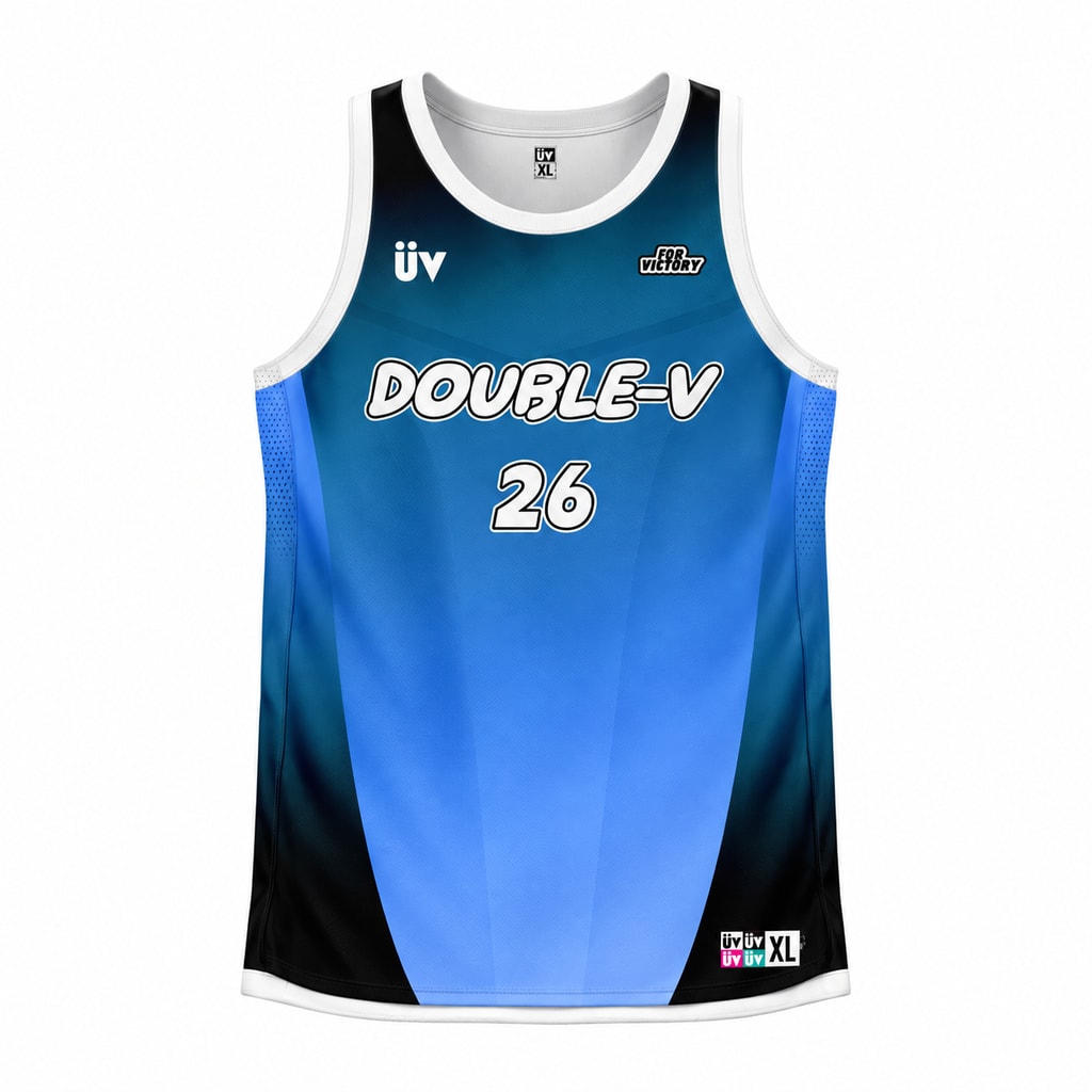 DOUBLE-V 蓝黑篮球球衣，正面立体展示