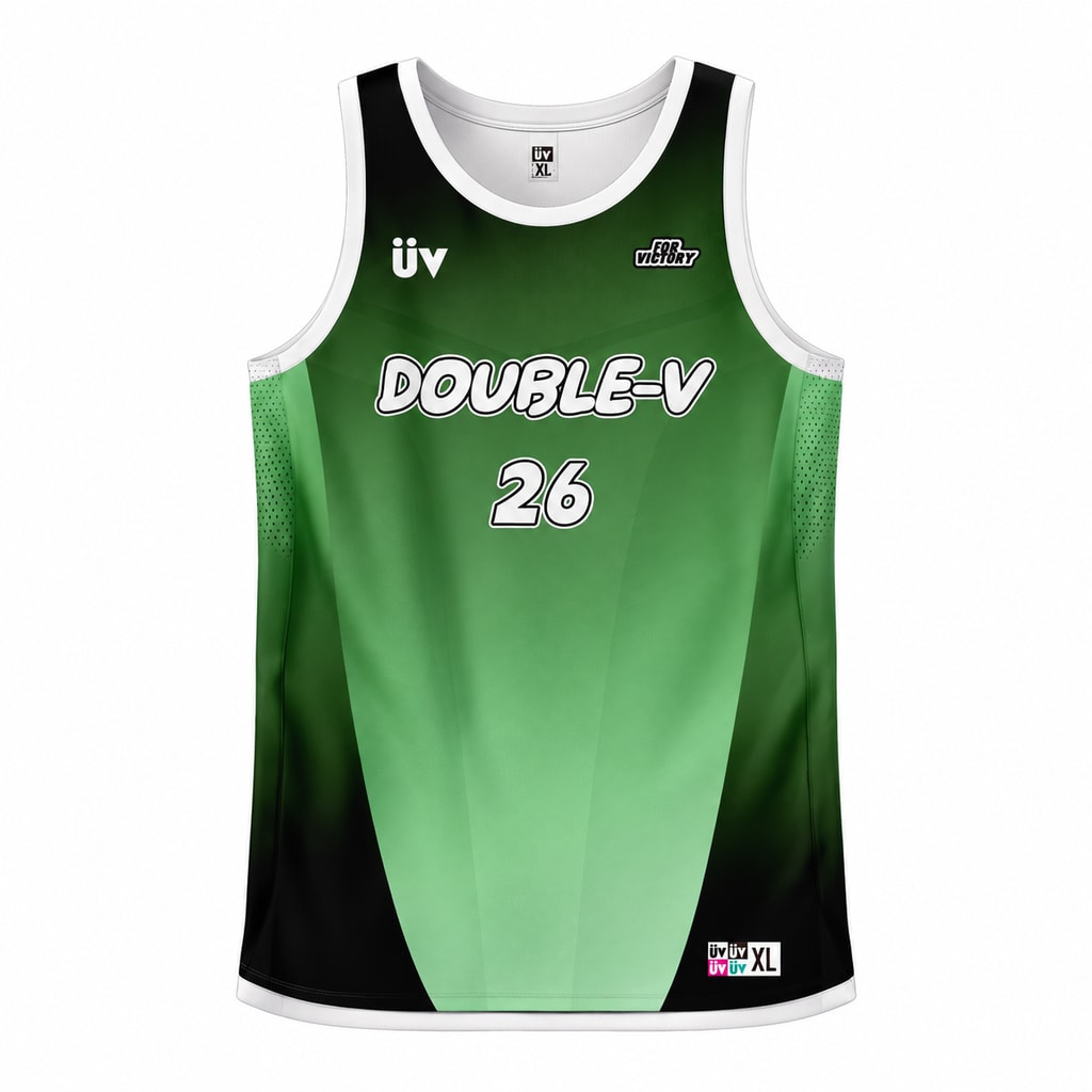 DOUBLE-V 绿黑篮球球衣，正面立体展示