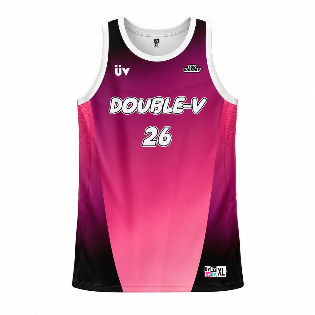 DOUBLE-V 玫红黑篮球球衣，正面立体展示