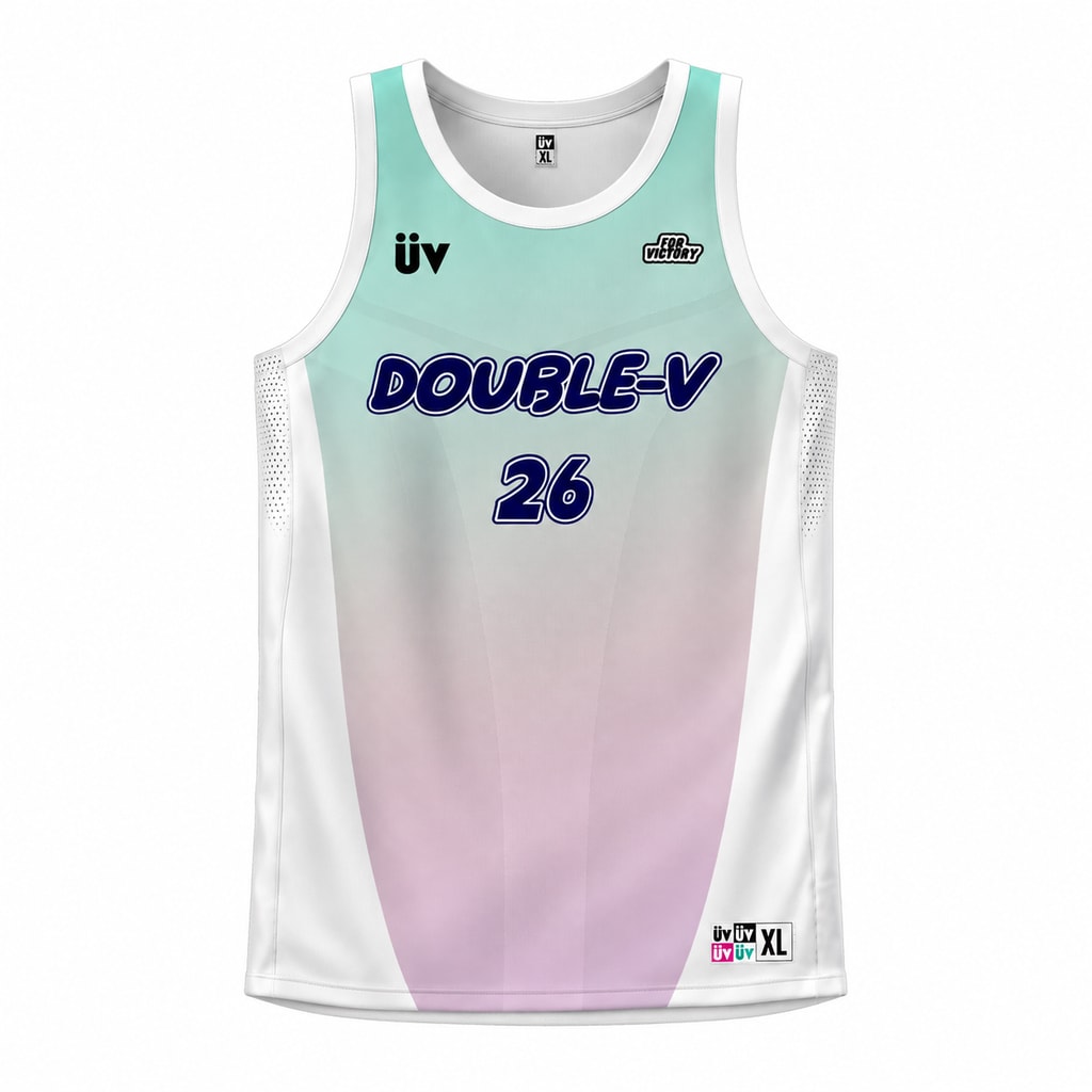 DOUBLE-V 薄荷粉白篮球球衣，正面立体展示