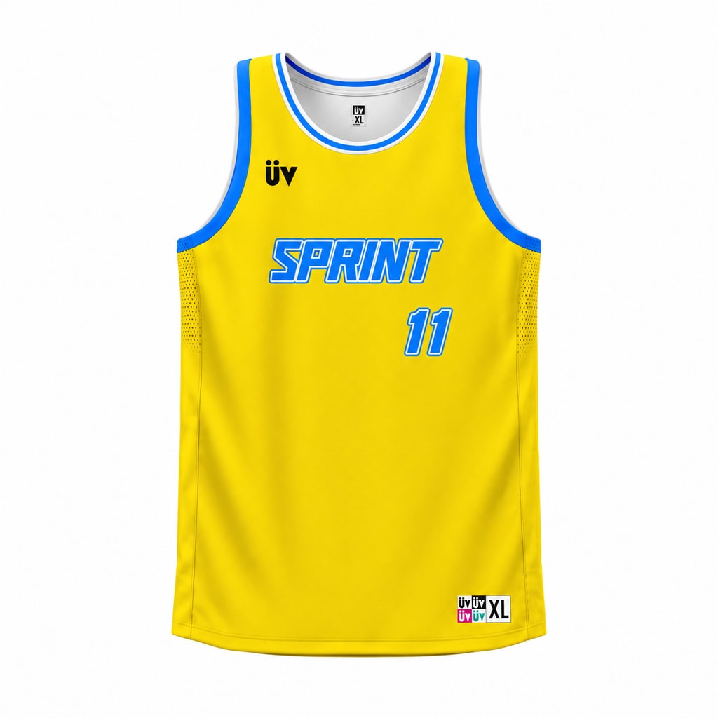 SPRINT 黄蓝篮球球衣，正面立体展示