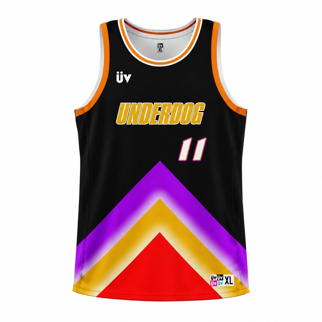 UNDERDOG 黑紫黄金红篮球球衣，正面立体展示