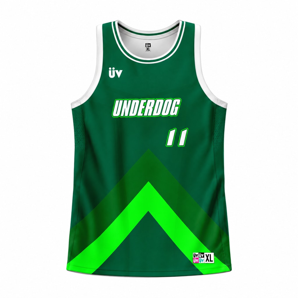 UNDERDOG 绿篮球球衣，正面立体展示