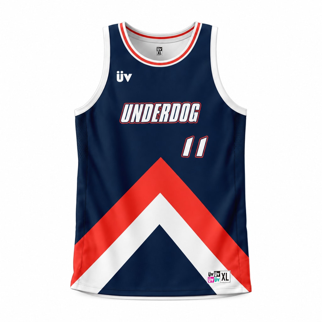 UNDERDOG 深蓝红白篮球球衣，正面立体展示