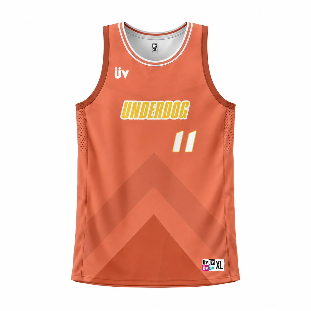 UNDERDOG 橙棕篮球球衣，正面立体展示